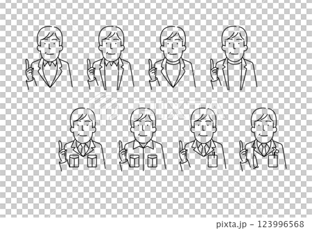 Illustration material: Simple line drawing of a man in his 40s or 50s wearing a jacket, work clothes, and white coat 123996568