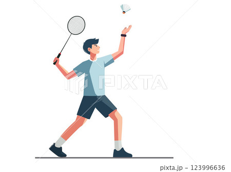 A young man throws a shuttlecock to start a game of badminton. A young man throws a shuttlecock to start a game of badminton. 123996636