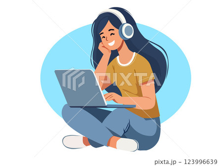Young woman enjoys music and learning on tablet 123996639