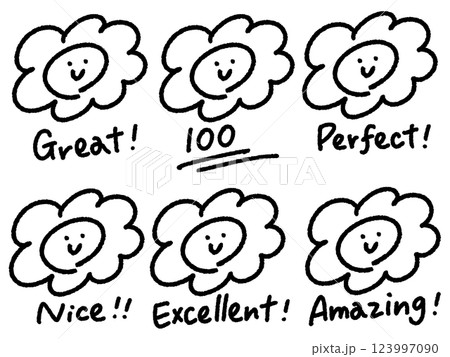 手描きの可愛い笑顔のはなまるマークのセット　100 GREAT PERFECT 123997090