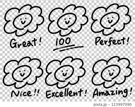 手描きの可愛い笑顔のはなまるマークのセット　100 GREAT PERFECT 123997090