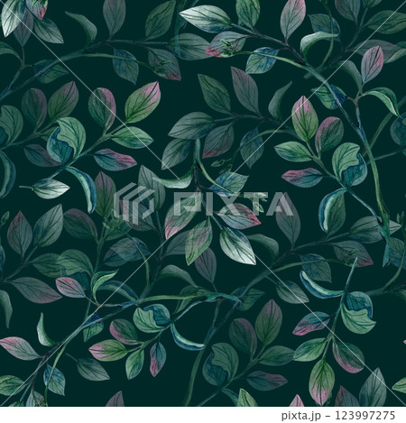 Seamless pattern pistachio. Green leaves branches watercolor illustration on dark background. Botanical picture for wallpaper, textile, wrapping paper, phone cover, packaging, rustic style posters 123997275