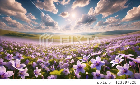 日が差すすみれ畑の風景 123997329