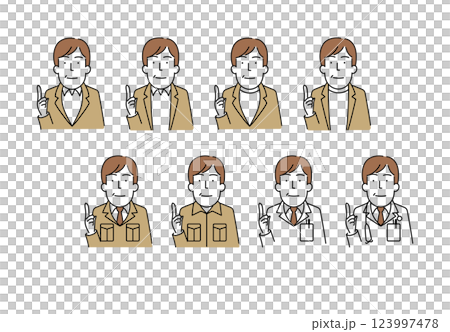 イラスト素材:ジャケット、作業着、白衣を着た40から50代男性のシンプルな線画イラスト イラスト素材:ジャケット、作業着、白衣を着た40から50代男性のシンプルな線画イラスト 123997478