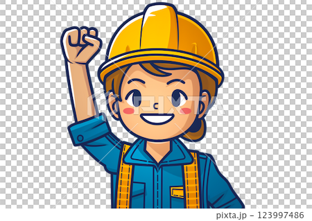 元気にガッツポーズをする女性建設作業員 123997486