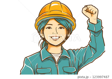 元気にガッツポーズをする女性建設作業員 123997487