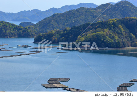 牡蠣筏が浮かぶ 春の瀬戸内風景 牡蠣筏が浮かぶ 春の瀬戸内風景 123997635