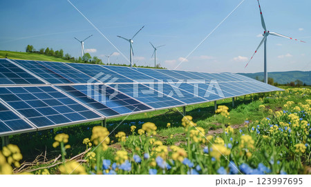 Solar energy panel photovoltaic cell and wind turbine farm power generator in nature landscape for production of renewable green energy is friendly industry on mountain. 123997695
