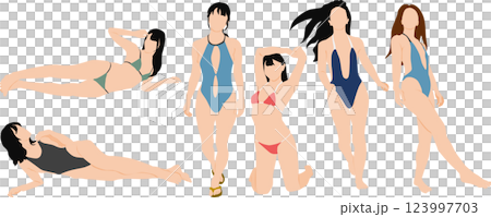 ポーズをとる水着を着た女性のイラストセット 123997703