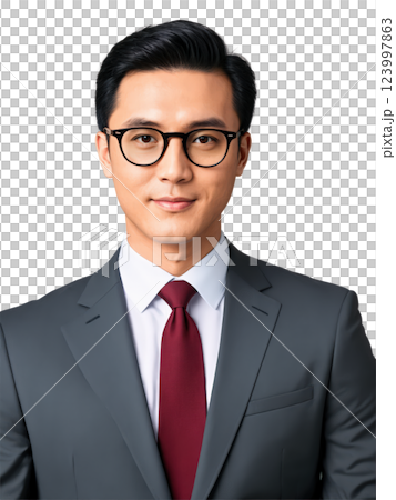 Portrait of a professional East Asian man with medium-length black hair and glasses, dressed in a tailored charcoal gray business 123997863