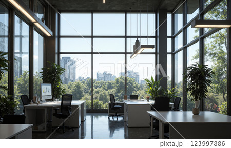 AI-enhanced innovation lab with modular desks, smart collaboration tools, and ergonomic furniture. The innovation lab is equipped with modular desks that can be 123997886