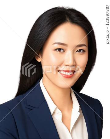 A professional East Asian woman with medium-length black hair, wearing a navy blue business suit. Her warm smile and confident 123997887