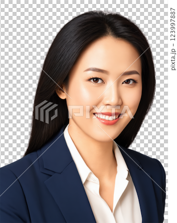 A professional East Asian woman with medium-length black hair, wearing a navy blue business suit. Her warm smile and confident 123997887