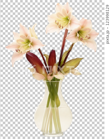 Twilight Glow (Hellebores Foxgloves Amaryllis) fluted glass vase with water glowing in soft amber tones, holding an elegant 123998129