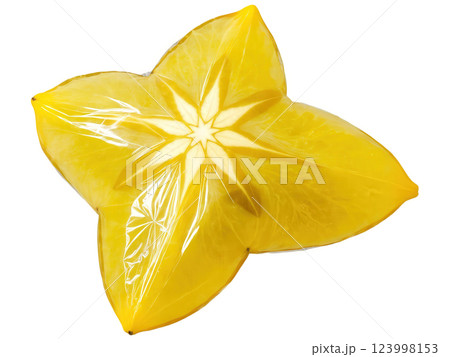 Starfruit (Averrhoa carambola) A starfruit wrapped in a clear plastic film. The fruit's unique, star-shaped slices are visible through Starfruit (Averrhoa carambola) A starfruit wrapped in a clear plastic film. The fruit's unique, star-shaped slices are visible through 123998153
