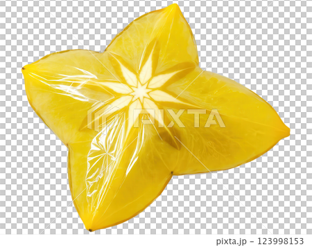 Starfruit (Averrhoa carambola) A starfruit wrapped in a clear plastic film. The fruit's unique, star-shaped slices are visible through Starfruit (Averrhoa carambola) A starfruit wrapped in a clear plastic film. The fruit's unique, star-shaped slices are visible through 123998153