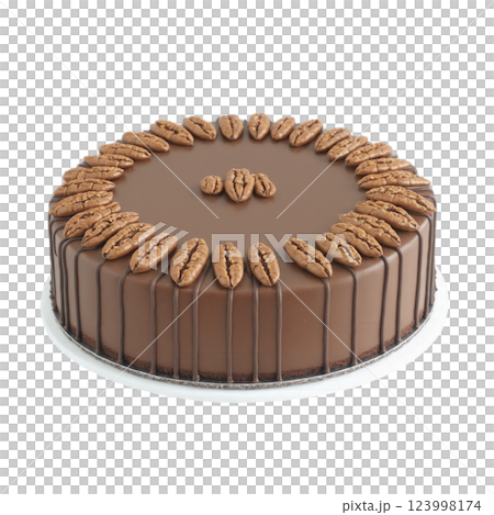 Mocha mousse layered chocolate cake crafted with three distinct tiers, each coated in a luxurious mocha-colored frosting. Between the layers, 123998174