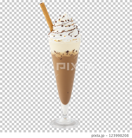 A tall, frosty glass filled with a mocha-colored milkshake, topped with a fluffy, cloud-like layer of whipped cream. The 123998208