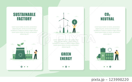 CO2 neutral. Set of Templates for Online Services. Mobile screen. Net zero emissions and carbon dioxide balance. Vector illustration in flat cartoon style 123998220