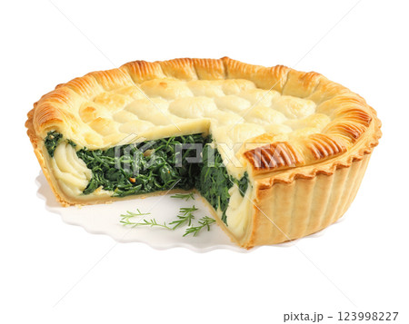 Potato and Spinach Pie A savory pie filled with mashed potatoes, spinach, onions, and seasoning, all encased in a buttery 123998227