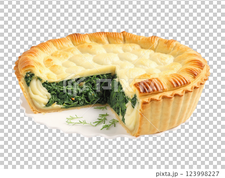 Potato and Spinach Pie A savory pie filled with mashed potatoes, spinach, onions, and seasoning, all encased in a buttery 123998227