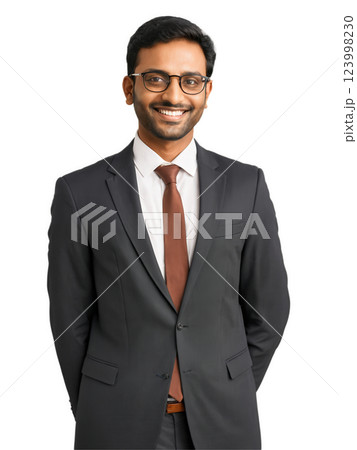 Close-up of Indian man with glasses, bright smile, sharp lighting, transparent background. 123998230