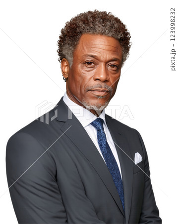 African man aged 50 years old, wearing classic suit, looking focused without glasses, with curly hair and red hair. 123998232