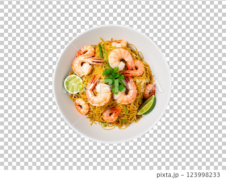 Crispy Pancit Malabon noodles with shrimp and seafood, vibrant yellow, orange, and green tones, isolated 123998233