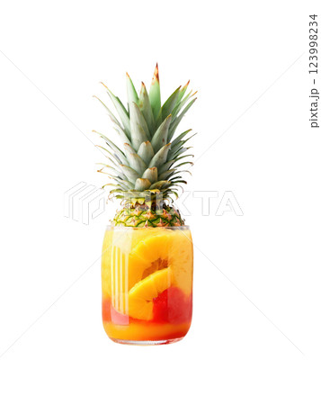 Tropical Fruit Punch with pineapple, mango, orange, and grenadine, bright yellow, orange, and red tones, isolated 123998234