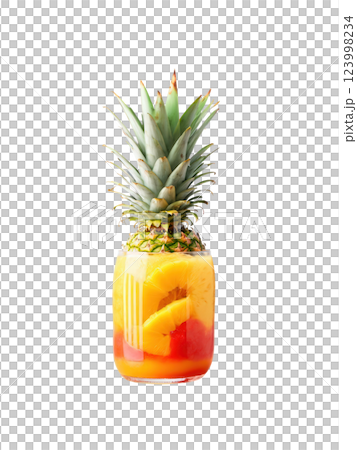 Tropical Fruit Punch with pineapple, mango, orange, and grenadine, bright yellow, orange, and red tones, isolated 123998234