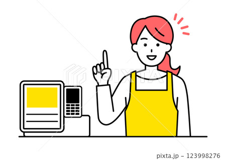 レジカウンターで説明する女性の店員 レジカウンターで説明する女性の店員 123998276