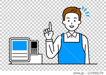 收銀台的一名男店員正在解釋 123998279