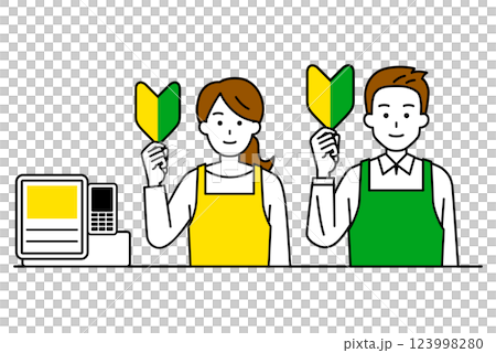 Male and female store clerks holding up beginner marks at the cash register 123998280