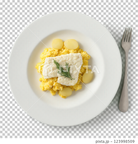 Bacalhau a Bras - A traditional Portuguese-inspired dish made with salted cod, scrambled eggs, potatoes, onions, and olives, offering Bacalhau a Bras - A traditional Portuguese-inspired dish made with salted cod, scrambled eggs, potatoes, onions, and olives, offering 123998509