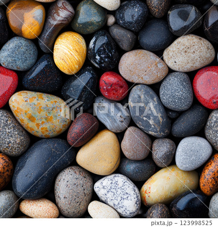 A seamless pattern featuring a collection of rounded pebbles in various colors, creating a smooth and organic texture. Generative AI A seamless pattern featuring a collection of rounded pebbles in various colors, creating a smooth and organic texture. Generative AI 123998525