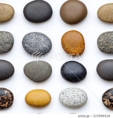 A seamless pattern featuring a collection of rounded pebbles in various colors, creating a smooth and organic texture.  Generative AI 123998526