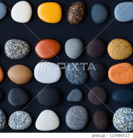A seamless pattern featuring a collection of rounded pebbles in various colors, creating a smooth and organic texture. Generative AI A seamless pattern featuring a collection of rounded pebbles in various colors, creating a smooth and organic texture. Generative AI 123998527