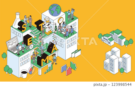 STEAM教育の文字とこどもの未来教育をイメージするアイソメトリック構図のイラスト 123998544
