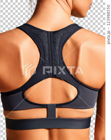 chic charcoal sports bra with a mesh back and adjustable straps. The front features a unique geometric design with contrasting 123998550