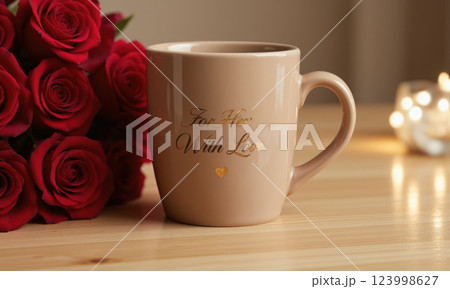 A customized mocha mousse-colored mug with a meaningful quote or name printed in elegant gold script, displayed next to 123998627