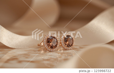 An elegant pair of mocha mousse-colored earrings with a floral design, the earrings placed on a polished marble surface. 123998722