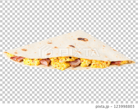 Breakfast Quesadilla Flour tortilla stuffed with scrambled eggs, cheese, and sausage or bacon, then grilled until crispy. Breakfast Quesadilla Flour tortilla stuffed with scrambled eggs, cheese, and sausage or bacon, then grilled until crispy. 123998803