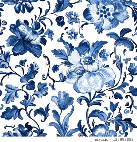 A seamless Delft Blue tile pattern featuring intricate floral and ornamental designs inspired by traditional Dutch ceramics. Generative AI 123998882