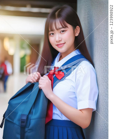 屋外の壁によりかかる女子高生のポートレート 123998922