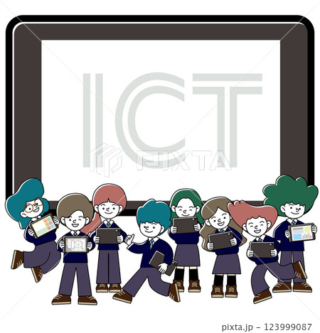 生徒がタブレット学習をしているICT教育のベクターイラスト 123999087