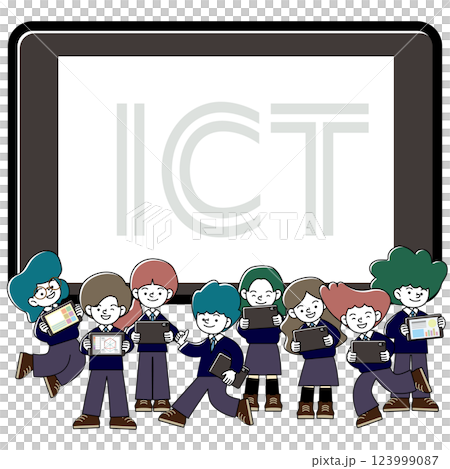 生徒がタブレット学習をしているICT教育のベクターイラスト 123999087