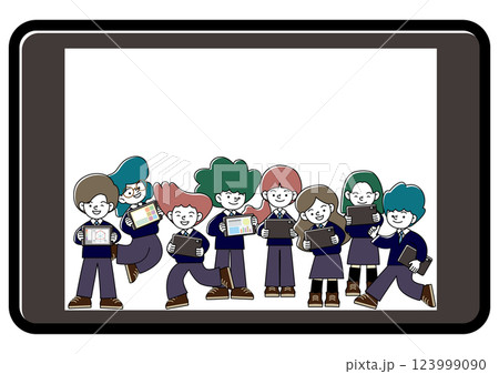 生徒がタブレット学習をしているICT教育のベクターイラスト 123999090