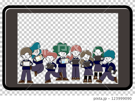 生徒がタブレット学習をしているICT教育のベクターイラスト 123999090