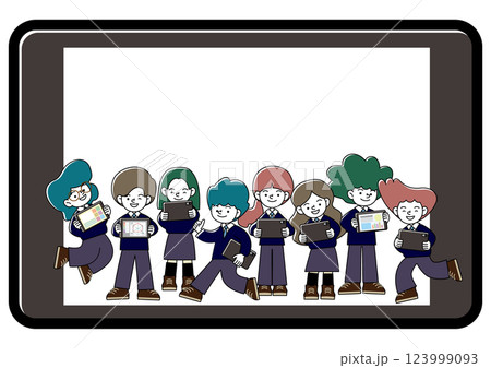 生徒がタブレット学習をしているICT教育のベクターイラスト 123999093