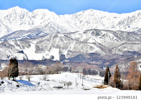 白馬三山、白馬岩岳マウンテンリゾート方面を望む(長野県白馬村)【2025.3】 123999181